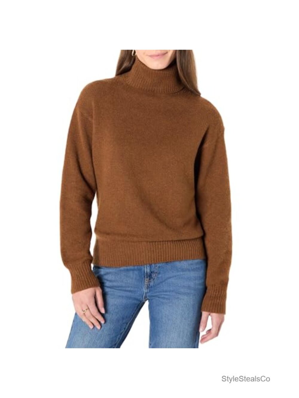 Relaxed Fit Cotton Blend Turtleneck Pullover Sweater Rib Trim